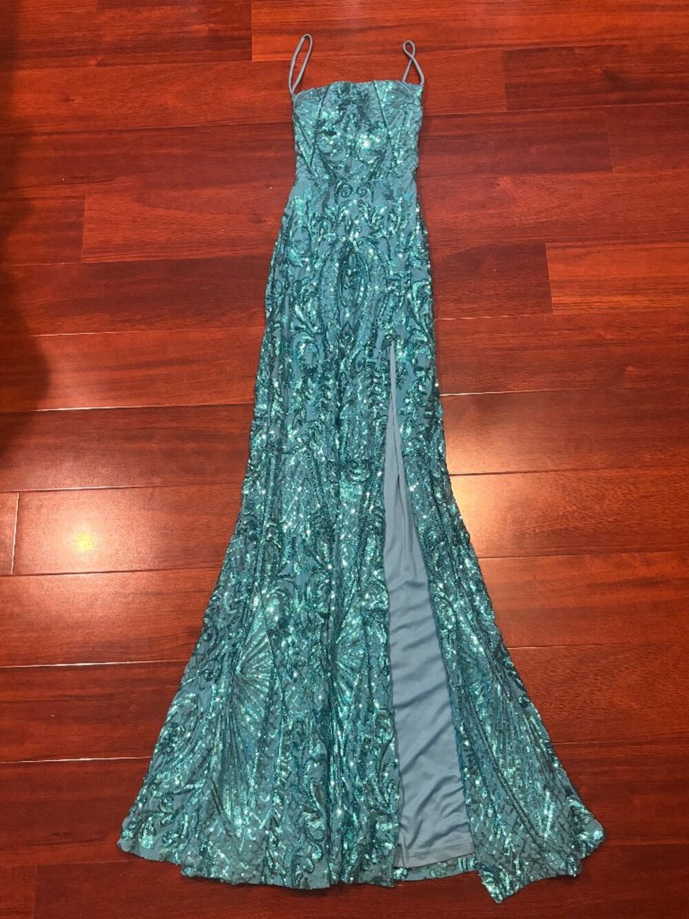 Windsor Teal Sequin Mermaid Prom Dress Lace-Up Corset Back Women's Size XS - Picture 2 of 4